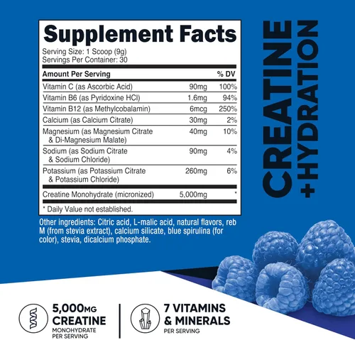 Vista 2 de Nutricost Monohidrato de creatina + hidratación con sabor a frambuesa azul (30 porciones) – 7 vitaminas y minerales, 5000 mg de creatina por porción