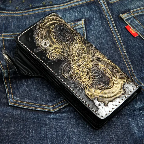 Vista 4 de Cartera de cuero Golden Emperor Dragon Biker, Dorado, Moderno