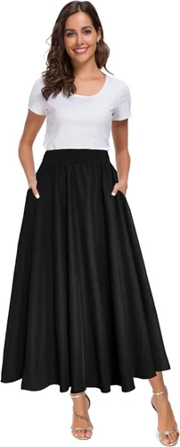Vista 18 de Afibi Falda de gasa con estampado floral de cintura alta para mujer, estilo swing, de playa, midi, larga con bolsillos Negro