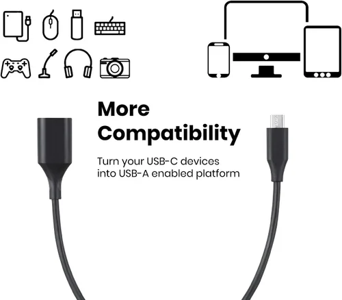 Vista 2 de Perixx PERIPRO-403 - Cable USB tipo C macho a USB-A hembra de 1 pie - Especificaciones USB2.0 para conexión de teclado y mouse con teléfono