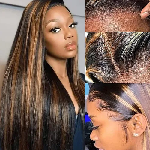 Vista 3 de Extensiones de cabello humano marrón con reflejos de Haha con cierre, extensiones lisas con cierre ombre, extensiones de cabello humano con cierre