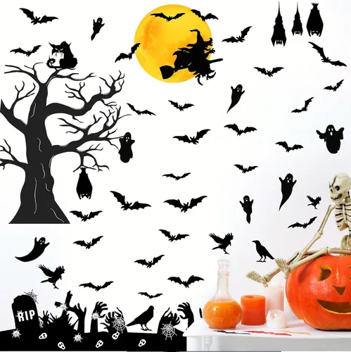 Vista 3 de Barri Design Calcomanías de pared de murciélago de Halloween, árbol de luna, bruja, calcomanías de pared extraíbles para Halloween, calcomanías