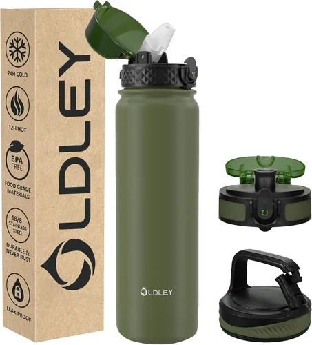 Vista 14 de Oldley Botella de Agua Aislada con Pajilla de 20oz, Botellas de Agua de Acero Inoxidable con 3 Tapas, Aislamiento al Vacío de Doble Pared Térmica