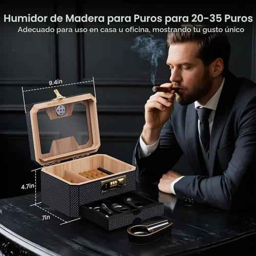 Vista 3 de Humidor de puros con cerradura de combinación, humidor de escritorio de madera de cedro con humidificador e higrómetro, cajón de accesorios, 2