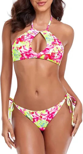 Vista 2 de RELLECIGA Conjunto de bikini halter con cuello alto y abertura para mujer