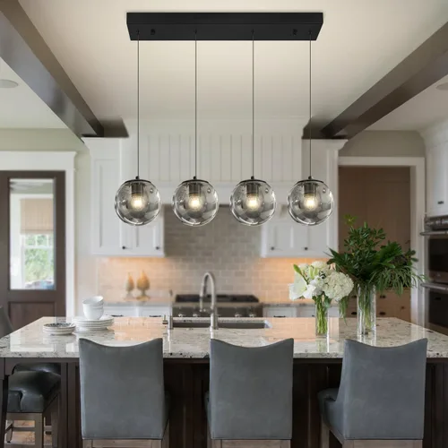 Vista 22 de ykolupty Lámpara colgante negra de 1 luz moderna de globo de vidrio gris ahumado, luces colgantes para isla de cocina, luces colgantes ajustables