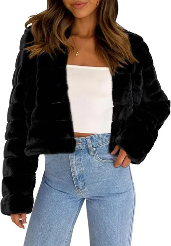 Vista 13 de Allegra K Abrigo chaqueta de piel sintética para mujer de manga larga recortado esponjoso sin cuello casual cálido de invierno ropa exterior