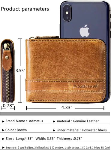 Vista 42 de Admetus - Cartera de piel auténtica para hombre con cremallera, plegable