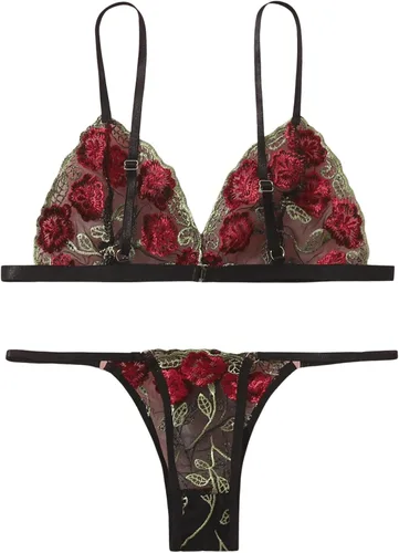 Vista 2 de SweatyRocks Conjunto de lencería de malla con bordado floral para mujer