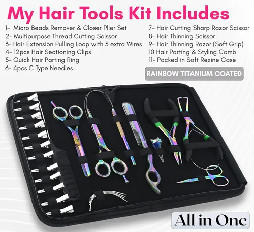 Vista 2 de My Hair Tools - Kit de extensión con removedor de cuentas de micro eslabones y alicates de engarce, tijeras para el cabello, herramientas de peinado