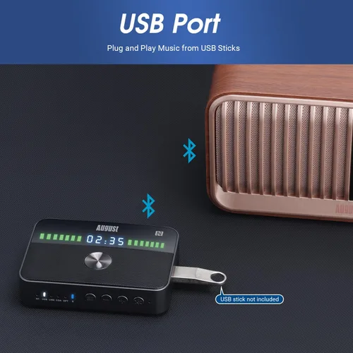 Vista 5 de August MR285 Receptor transmisor Bluetooth para AUX, RCA, óptico, coaxial y USB - Adaptador de audio Bluetooth NFC para TV, coche, auriculares