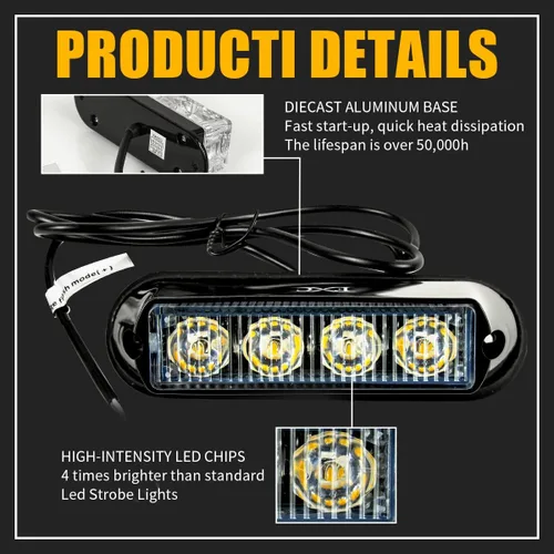 Vista 4 de FXC - 2 luces estroboscópicas intermitentes con 4 LED para montaje en superficie, para camión, automóvil, vehículo, luz de rejilla LED, baliza