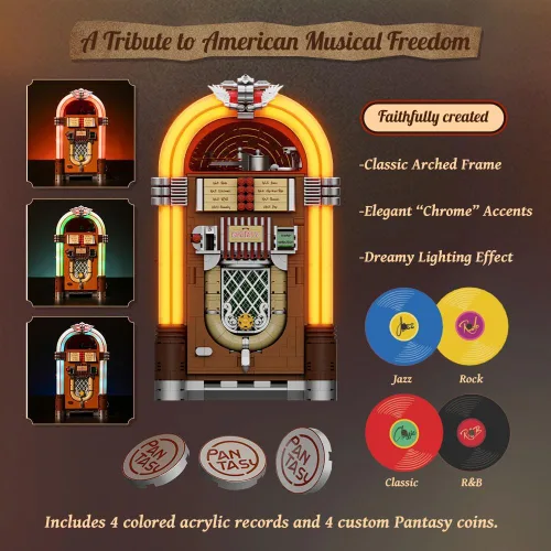 Vista 2 de PANTASY Kit de construcción retro Jukebox con función de moneda y sonido, modelo de caja de música mecánica con discos acrílicos, estudio