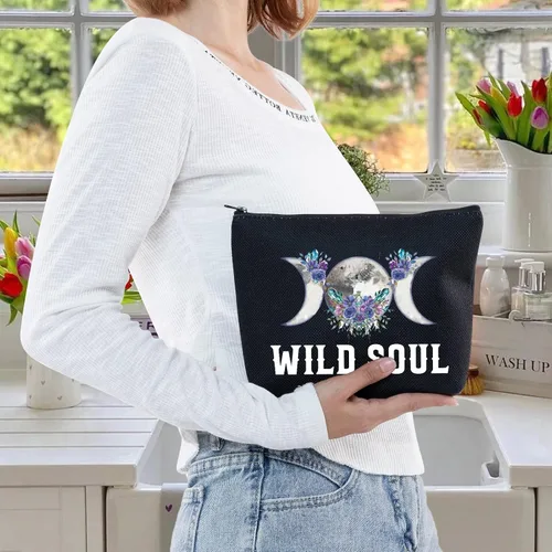Vista 6 de LEVLO Bolsa de maquillaje cosmética de fase lunar, regalo de bruja luna, bolsa de maquillaje con cremallera para mujeres y niñas, Alma salvaje