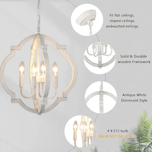 Vista 8 de Lámpara de araña blanca para comedor - Lámpara colgante moderna de 4 luces, luces colgantes de madera rústica para cocina, isla, sala de estar