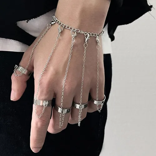 Vista 3 de Long tiantian Pulsera de cadena para dedo, pulsera punk con borla de cadena en capas con anillo de dedo, garras de dedo, brazalete de brazo, joyería