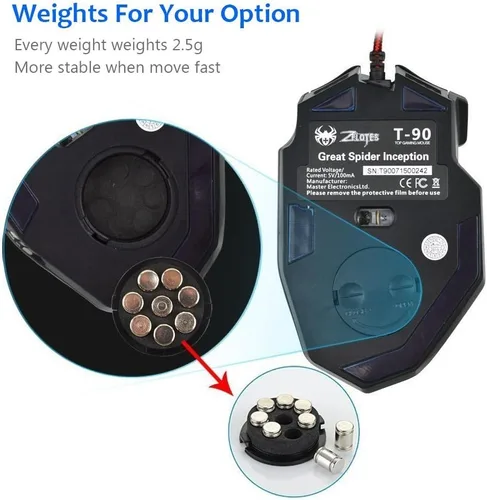 Vista 4 de Zelotes T90 Professional 9200 DPI - Ratón para juegos con cable USB de alta precisión, 8 botones, con 7 tipos de modos de luz LED de respiración
