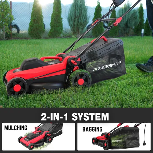 Vista 3 de PowerSmart - Cortacésped eléctrico con cable de 14 pulgadas, 12.5 amperios, altura de mango ajustable, 6 alturas de corte, bolsa de colección de 10