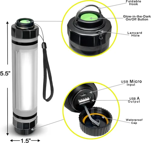 Vista 7 de SunJack LightStick Camplight - Linterna LED recargable impermeable y banco de energía Linterna de camping portátil para senderismo, mochilero