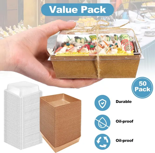 Vista 5 de Paquete de 50 cajas de papel para embutidos con tapas transparentes, recipientes cuadrados marrones de 4.3 pulgadas, cajas de postre de papel kraft