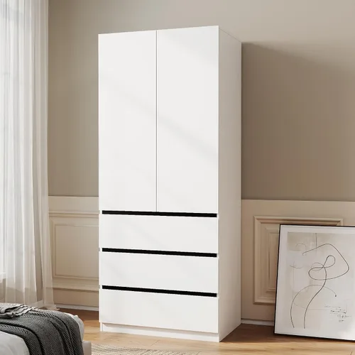 Vista 16 de Armario Ropero Closet con Cajones: Armario Grande Blanco de 75" con 2 Puertas para Colgar Ropa, Armarios de Madera Modernos para Dormitorio con 2