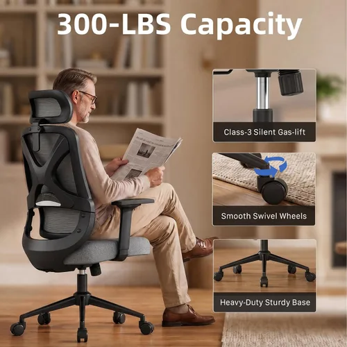 Vista 6 de Silla de escritorio ergonómica de respaldo alto con soporte lumbar ajustable y reposacabezas, silla de escritorio de oficina en casa