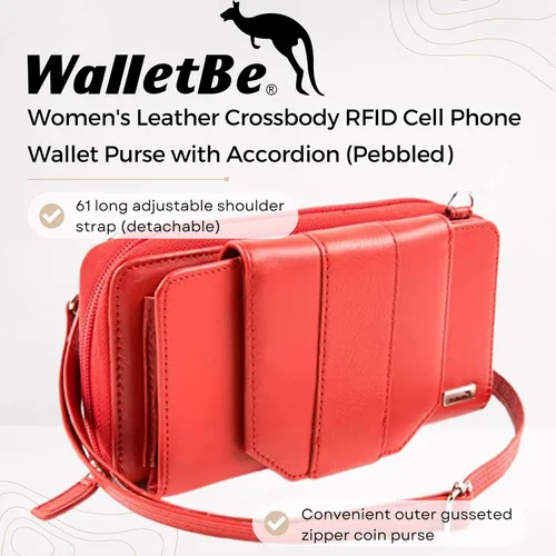 Vista 2 de Cartera cruzada para teléfono celular RFID para mujer, Rojo