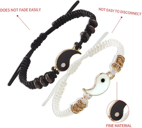 Vista 6 de Gangel Pulseras Yin Yang Tai Chi Bagua para pareja, novio, novia, amiga, hermana (1 par), Aleación de zinc+cuerda, Sin gemas.
