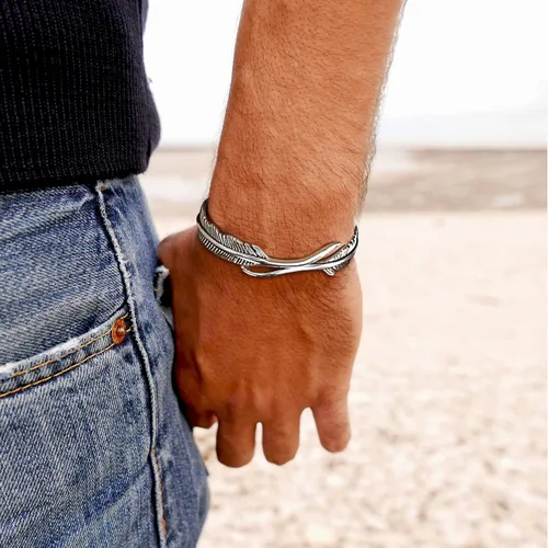 Vista 2 de RIOSO Juego de 3 pulseras de plata para hombres y mujeres, con diseño de alas de ángel, plumas, hojas de ángel, juego de pulseras, Sin gemas.