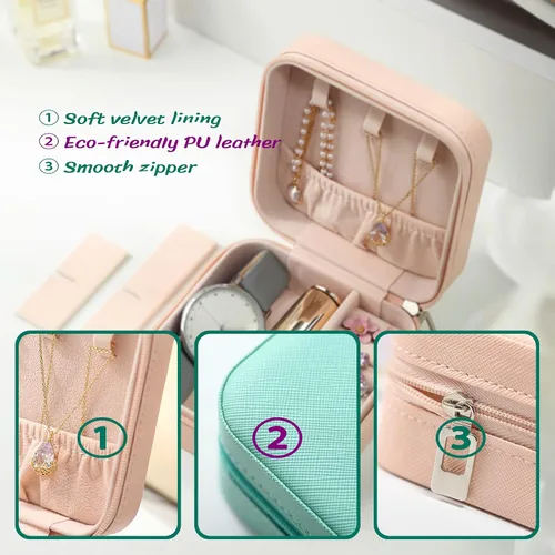 Vista 5 de GDJMLai Organizador de joyas de viaje pequeño estuche de joyería hecho de terciopelo y piel sintética para niñas mini joyero de viaje con cremallera
