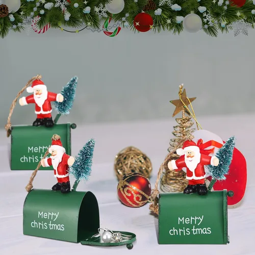 Vista 6 de Soaoo 3 piezas de mini buzón de correo adornos para árbol de Navidad, divertidos soportes para dinero, adornos de letras a Santa buzón de Navidad