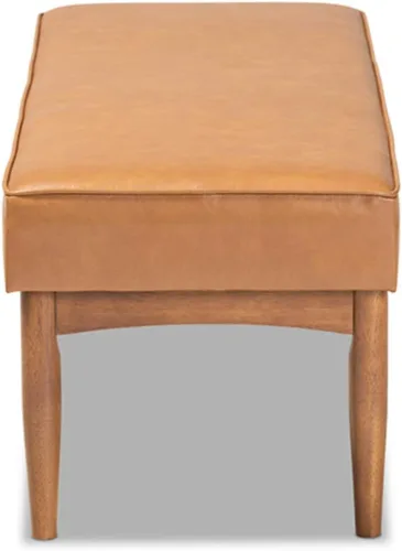 Vista 5 de Baxton Studio Arvid Mid-Century - Banco de comedor de madera tapizado de piel sintética y acabado marrón nogal