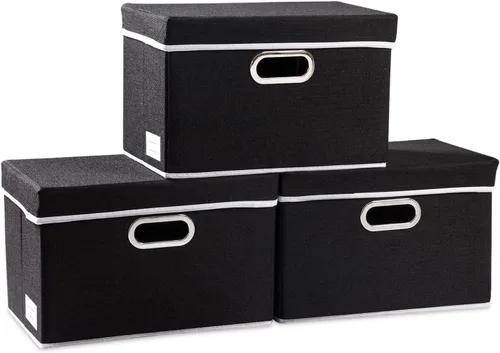 Vista 76 de PRANDOM Contenedores de almacenamiento con tapas [paquete de 3] cajas de almacenamiento plegables de tela de lino, canastas organizadoras, cubos