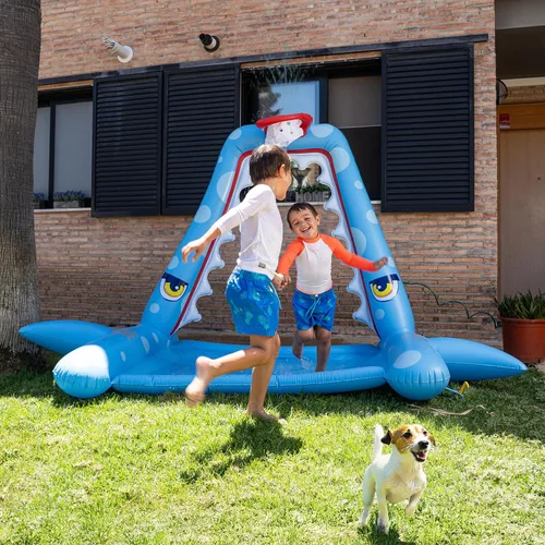 Vista 7 de Zone Tech - Aspersor de salpicaduras para niños al aire libre, gran aspersor inflable de tiburón con aro de baloncesto, almohadilla de salpicaduras