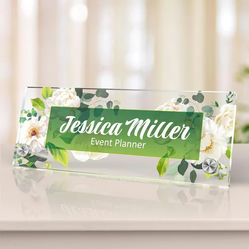 Vista 64 de Placa de identificación personalizada para escritorio, decoración de oficina de acrílico transparente con diseño de flores, decoraciones