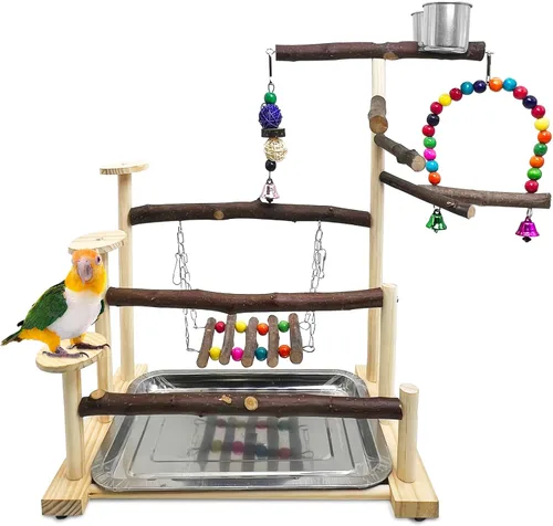 Vista 8 de kathson Parque infantil grande para pájaros, perca de madera natural, 4 capas, centro de actividades con perchas, escalera, juguetes para masticar