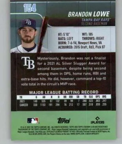 Vista 2 de 2022 Stadium Club Chrome X-Fractor #154 Brandon Lowe Tampa Bay Rays MLB Baseball Trading Card