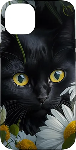 Vista 15 de iPhone 16 Black Cat with Daisies – Enchanting Floral Design Case
