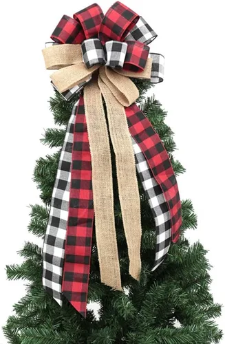 Vista 19 de Ochine Decoración para árbol de Navidad, lazo decorativo para árbol de Navidad, tiras decorativas, cinta, búfalo, arpillera, rojo y negro, lazo