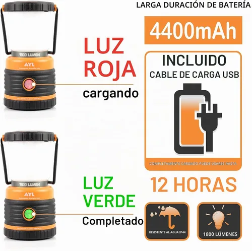 Vista 7 de Linterna LED para campamento recargable, 1800 lúmenes, 4 modos de luz, banco de energía de 4400 mAh, impermeable IP44, linterna perfecta para Negro