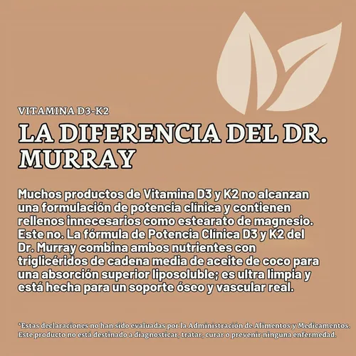 Vista 4 de Dr. Murray's Vitamina D3-K2 con aceite de coco MCT, 5,000 UI, 60 cápsulas
