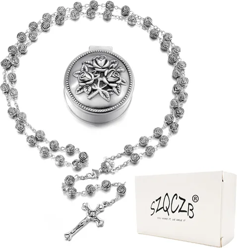 Vista 2 de SZQCZB Collar católico con cuentas de rosario, regalos de primera comunión católica, con lujosa caja de metal, Plástico, No es una piedra preciosa