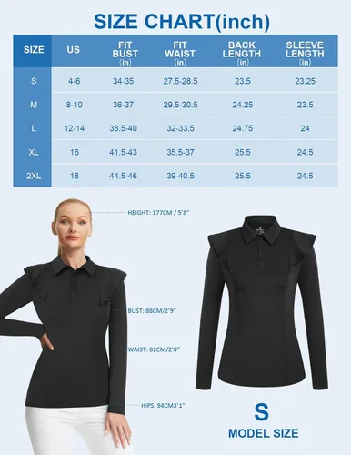Vista 6 de JACK SMITH Polo de golf de manga larga para mujer, con volantes, absorbe la humedad, camisas atléticas de tenis con botones