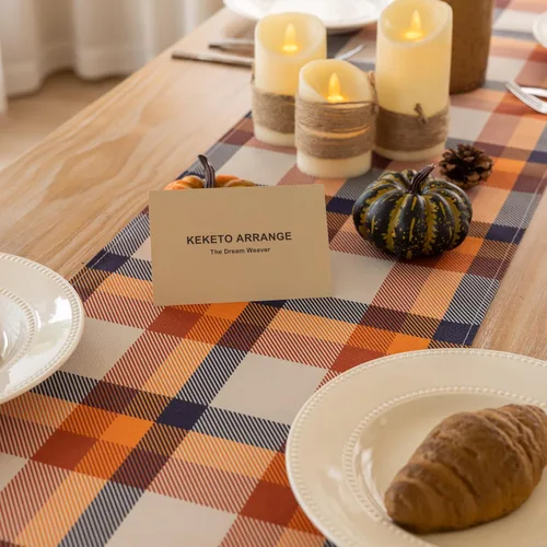 Vista 2 de Keketoarrange Camino de mesa de otoño a cuadros, patrón de Acción de Gracias, cosecha de otoño, centro de mesa, decoración de mesa de fiesta