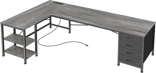 Vista 10 de Huuger Escritorio en forma de L de 55 pulgadas con cajones de tela, escritorio reversible para juegos para computadora con tomas de corriente