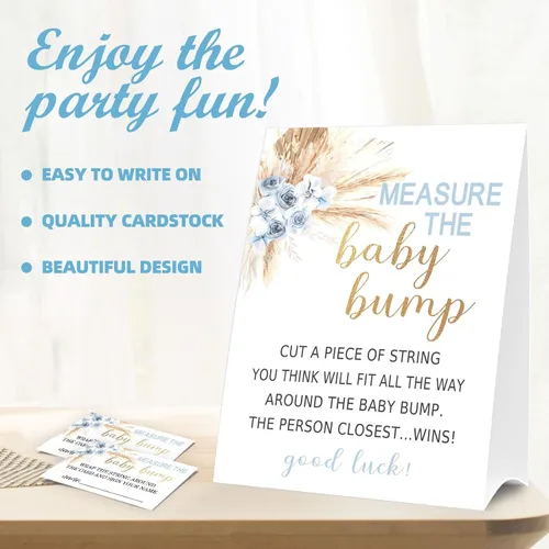 Vista 2 de Letrero de Baby Shower Games Measure the Baby Bump, How Big is Mommy's Belly Party Favors, cartel de pie Kraft de 5 x 7 pulgadas y 50 tarjetas