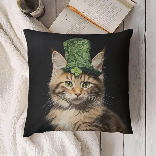 Vista 4 de Fundas de almohada de granja con diseño de feliz día de San Patricio con un gato en un sombrero de trébol, fundas de almohada de terciopelo