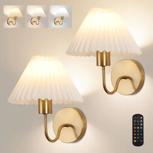 Vista 9 de Juego de 2 apliques de pared inalámbricos, pantallas plisadas recargables que funcionan con batería, luces de pared retro de cuello de ganso