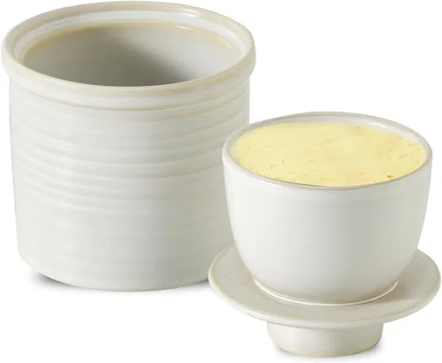 Vista 9 de HASENSE Vajilla de mantequilla de cerámica con tapa, plato de mantequilla para encimera con línea de agua, contenedor francés de mantequilla