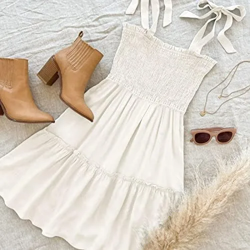 Vista 6 de ZESICA Vestido corto de verano para mujer, con tirantes delgados, sin mangas, cuello cuadrado, volantes, acampanado, con vuelo